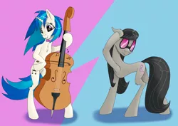 Size: 3508x2480 | Tagged: safe, artist:settop, derpibooru import, octavia melody, vinyl scratch, earth pony, pony, unicorn, bowtie, cello, duo, female, glasses, mare, musical instrument, standing