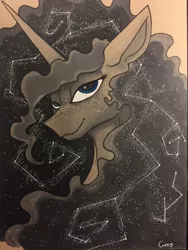 Size: 960x1280 | Tagged: safe, artist:greyscaleart, derpibooru import, princess luna, alicorn, pony, constellation, constellation freckles, ethereal mane, female, freckles, greyscaleart is trying to murder us, mare, monochrome, neo noir, partial color, solo, starry mane, traditional art