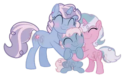 Size: 1024x630 | Tagged: safe, artist:superrosey16, derpibooru import, oc, oc:party popper, oc:spice, oc:sugar, unofficial characters only, earth pony, pony, unicorn, base used, female, filly, group hug, hug, mare, offspring, parent:pinkie pie, parent:pokey pierce, parents:pokeypie, simple background, transparent background