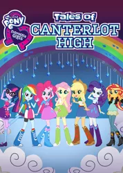 Size: 426x597 | Tagged: safe, derpibooru import, official, applejack, fluttershy, pinkie pie, rainbow dash, rarity, sci-twi, sunset shimmer, twilight sparkle, dance magic, equestria girls, spoiler:eqg specials, belt, boots, bowtie, bracelet, clothes, compression shorts, cowboy boots, cowboy hat, denim skirt, geode of empathy, geode of fauna, geode of shielding, geode of sugar bombs, geode of super speed, geode of super strength, geode of telekinesis, glasses, hairpin, happy, hat, high heel boots, humane five, humane seven, humane six, jacket, jewelry, leather jacket, magical geodes, mary janes, netflix, official art, ponytail, rainbow, shirt, shoes, skirt, smiling, socks, spotlight, stetson, tales of canterlot high, tanktop, wristband
