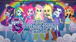 Size: 1280x720 | Tagged: safe, derpibooru import, official, applejack, fluttershy, pinkie pie, rainbow dash, rarity, sci-twi, sunset shimmer, twilight sparkle, dance magic, equestria girls, spoiler:eqg specials, belt, boots, bowtie, bracelet, clothes, compression shorts, cowboy boots, cowboy hat, denim skirt, geode of empathy, geode of fauna, geode of shielding, geode of sugar bombs, geode of super speed, geode of super strength, geode of telekinesis, glasses, hairpin, happy, hat, high heel boots, humane five, humane seven, humane six, jacket, jewelry, leather jacket, magical geodes, mary janes, netflix, official art, ponytail, rainbow, shirt, shoes, skirt, smiling, socks, spotlight, stetson, tales of canterlot high, tanktop, wristband