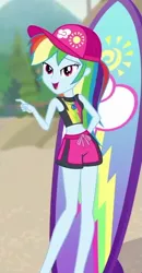 Size: 327x631 | Tagged: safe, derpibooru import, screencap, rainbow dash, blue crushed, equestria girls, equestria girls series, board shorts, cap, clothes, cropped, female, geode of super speed, hat, magical geodes, shorts, solo, surfboard, swimsuit
