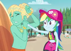 Size: 1000x720 | Tagged: safe, derpibooru import, screencap, gladys, rainbow dash, zephyr breeze, blue crushed, equestria girls, equestria girls series, annoyed, cap, clothes, dramatic, eyes closed, female, hat, male, partial nudity, rainbow dash is not amused, surfboard, swimsuit, topless, unamused, wet, zephyr's necklace