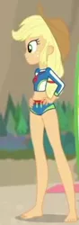 Size: 148x419 | Tagged: safe, derpibooru import, screencap, applejack, blue crushed, equestria girls, equestria girls series, barefoot, clothes, cropped, feet, hand on hip, solo, swimsuit