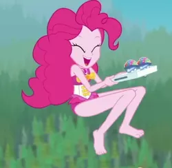 Size: 506x493 | Tagged: safe, derpibooru import, screencap, pinkie pie, equestria girls, equestria girls series, too hot to handle, barefoot, clothes, cropped, feet, female, geode of sugar bombs, smiling, snowcone, solo, swimsuit