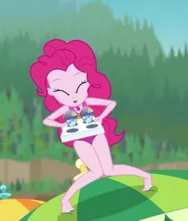 Size: 540x638 | Tagged: safe, derpibooru import, screencap, pinkie pie, equestria girls, equestria girls series, too hot to handle, barefoot, clothes, cropped, eyes closed, feet, female, geode of sugar bombs, snowcone, solo, swimsuit