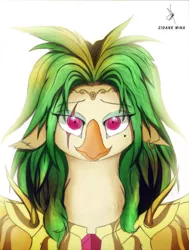 Size: 1084x1437 | Tagged: alternate hairstyle, artist:zidanemina, bust, captain celaeno, colored, crossover, derpibooru import, female, floppy ears, looking at you, majestic, my little pony: the movie, portrait, safe, saint seiya, semi-anthro, smiling, solo