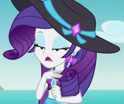 Size: 857x720 | Tagged: safe, derpibooru import, screencap, rarity, equestria girls, equestria girls series, lost and found, animated, belly button, clothes, cropped, gif, hat, lidded eyes, midriff, solo, swimsuit