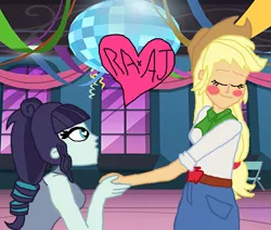 Size: 1000x849 | Tagged: safe, artist:bigpurplemuppet99, derpibooru import, applejack, coloratura, equestria girls, blushing, female, lesbian, rarajack, shipping