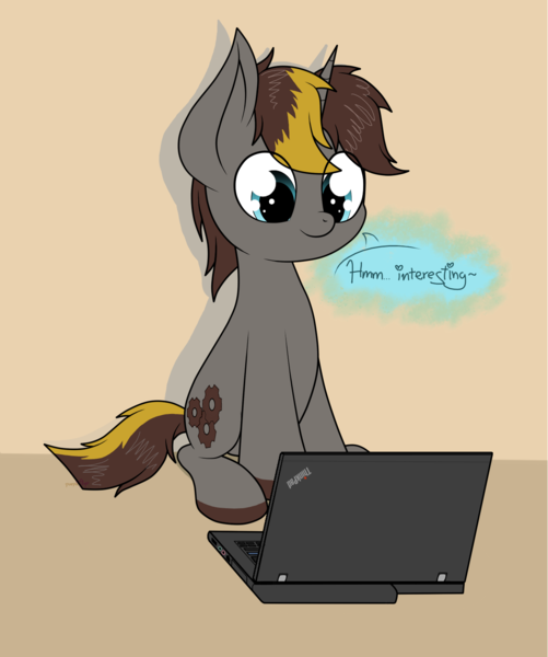 Size: 1216x1457 | Tagged: safe, artist:kimjoman, derpibooru import, oc, oc:geartooth, commission, computer, laptop computer, thinkpad