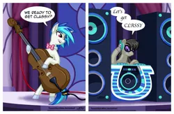 Size: 1515x987 | Tagged: safe, artist:texasuberalles, derpibooru import, octavia melody, vinyl scratch, earth pony, pony, unicorn, accessory swap, bipedal, bowtie, cello, colored hooves, duo, female, glasses, hoof hold, mare, musical instrument, role reversal, speakers, speech bubble, turntable