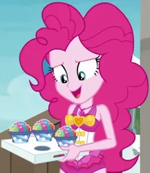 Size: 557x641 | Tagged: safe, derpibooru import, screencap, pinkie pie, equestria girls, equestria girls series, too hot to handle, clothes, cropped, snowcone, solo, swimsuit