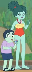 Size: 310x699 | Tagged: safe, derpibooru import, screencap, leafy mint, mint chip, equestria girls, equestria girls series, too hot to handle, barefoot, clothes, cropped, duo, feet, female, male, mobile phone, mother and child, mother and son, one-piece swimsuit, phone, smartphone, swimsuit