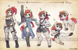 Size: 1600x1035 | Tagged: suggestive, artist:shepherd0821, derpibooru import, oc, oc:round house, unofficial characters only, anthro, human, pony, semi-anthro, anthro chart, anthro with ponies, bandage, bipedal, black underwear, breasts, clothes, female, humanized, humanized oc, kicking, mare, martial arts, panties, underwear