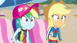 Size: 800x450 | Tagged: safe, derpibooru import, screencap, applejack, rainbow dash, equestria girls, equestria girls series, lost and found, animated, apple, belly button, clothes, cowboy hat, crossed arms, duo, food, freckles, geode of super speed, geode of super strength, gif, hat, lidded eyes, looking at each other, magical geodes, midriff, swimsuit