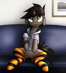 Size: 3000x3291 | Tagged: artist:fenixdust, belly button, chest fluff, clothes, cute, derpibooru import, female, floppy ears, hoodie, mare, oc, oc:ivy, safe, sitting, socks, solo, striped socks