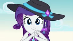 Size: 1280x720 | Tagged: safe, derpibooru import, screencap, rarity, equestria girls, equestria girls series, lost and found, clothes, cute, ear piercing, earring, female, hat, huggable, jewelry, looking at you, offscreen character, piercing, pov, raribetes, smiling, solo, swimsuit