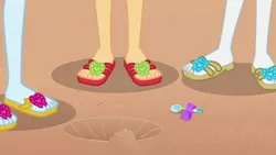 Size: 1280x720 | Tagged: safe, derpibooru import, screencap, applejack, rainbow dash, rarity, equestria girls, equestria girls series, lost and found, close-up, ear piercing, earring, feet, flip-flops, jewelry, legs, pictures of legs, piercing, sandals, trio