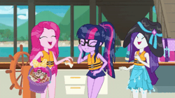 Size: 1011x568 | Tagged: safe, derpibooru import, screencap, pinkie pie, rarity, sci-twi, twilight sparkle, equestria girls, equestria girls series, the salty sails, animated, clothes, cute, diapinkes, laughing, raribetes, swimsuit, twiabetes, wet