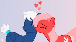 Size: 4633x2534 | Tagged: safe, artist:potato22, derpibooru import, oc, oc:downvote, oc:snowy knight, ponified, pony, derpibooru, derpibooru ponified, dowy, eyes closed, female, kiss on the cheek, kissing, male, mare, meta, oc x oc, shipping, simple background, smooch, stallion, straight, vector