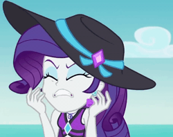 Size: 800x633 | Tagged: safe, derpibooru import, screencap, rarity, equestria girls, equestria girls series, lost and found, animated, clothes, cropped, drama queen, ear piercing, earring, freakout, gif, hat, jewelry, marshmelodrama, my ear was naked, panic, piercing, rarity being rarity, solo, swimsuit