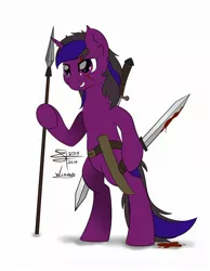 Size: 1674x2160 | Tagged: safe, artist:airfly-pony, artist:wing, derpibooru import, oc, oc:dark arreb, unicorn, blood, fantasy class, knife, looking at something, male, rcf community, smiling, solo, spear, stallion, teeth, warrior, weapon, witcher wild hunt