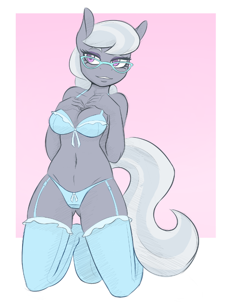 Size: 686x904 | Tagged: suggestive, artist:ambris, derpibooru import, silver spoon, anthro, earth pony, unguligrade anthro, adorasexy, belly button, bra, breasts, busty silver spoon, cleavage, clothes, cute, eyeshadow, female, frilly, frilly underwear, garters, glasses, kneeling, lingerie, makeup, mare, older, older silver spoon, panties, raised eyebrow, ribbon, sexy, silverbetes, smiling, solo, solo female, stockings, stupid sexy silver spoon, thigh highs, underass, underwear