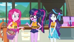 Size: 1280x720 | Tagged: safe, derpibooru import, screencap, pinkie pie, rarity, sci-twi, twilight sparkle, equestria girls, equestria girls series, the salty sails, clothes, swimsuit, wet hair