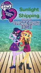 Size: 861x1536 | Tagged: safe, derpibooru import, editor:superbobiann, sci-twi, sunset shimmer, twilight sparkle, dance magic, equestria girls, equestria girls series, mirror magic, movie magic, spoiler:eqg specials, boots, clothes, cute, equestria girls in real life, equestria girls logo, geode of empathy, geode of telekinesis, glasses, high heel boots, irl, jacket, leather jacket, looking at you, magical geodes, ocean, photo, ponytail, raised leg, shimmerbetes, shoes, skirt, socks, tales of canterlot high