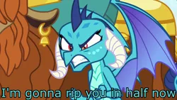 Size: 1280x720 | Tagged: angry, clenched fist, deadpool 2, derpibooru import, dragon, edit, edited screencap, furious, gritted teeth, i'll show you unpredictable, image macro, juggernaut, meme, offended, prince rutherford, princess ember, safe, school daze, screencap, yak