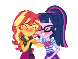 Size: 1024x768 | Tagged: safe, artist:katevelasco, derpibooru import, sci-twi, sunset shimmer, twilight sparkle, equestria girls, equestria girls series, blushing, blushing profusely, bowtie, clothes, eyes closed, female, geode of empathy, geode of telekinesis, glasses, gritted teeth, hand on shoulder, jacket, laughing, leather jacket, lesbian, magical geodes, ponytail, request, scitwishimmer, shipping, simple background, skirt, smiling, sunsetsparkle, transparent background, watermark