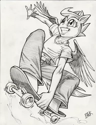 Size: 612x792 | Tagged: anthro, artist:bhawk, clothes, derpibooru import, female, grayscale, monochrome, pegasus, pencil drawing, safe, scootaloo, skateboard, skaterloo, smiling, solo, traditional art