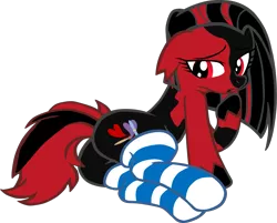 Size: 1255x1011 | Tagged: suggestive, artist:theeditormlp, derpibooru import, oc, oc:crimson glow, earth pony, pony, clothes, female, mare, red and black oc, show accurate, simple background, socks, solo, striped socks, transparent background, vector