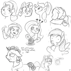 Size: 2000x2000 | Tagged: safe, artist:yakoshi, derpibooru import, applejack, fluttershy, rainbow dash, rarity, scootaloo, starlight glimmer, sunset shimmer, sweetie belle, twilight sparkle, earth pony, pegasus, pony, unicorn, apple, chopsticks, clothes, controller, female, filly, food, goggles, lab coat, majestic as fuck, makeup, mare, monochrome, plushie, question mark, robe, science, simple background, sketch, sleeping, sweat, sweatdrop, waffle, white background