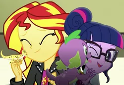 Size: 1669x1147 | Tagged: safe, derpibooru import, edit, edited screencap, editor:superbobiann, screencap, ray, sci-twi, spike, spike the regular dog, sunset shimmer, twilight sparkle, dog, gecko, eqg summertime shorts, equestria girls, pet project