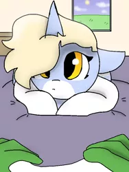 Size: 630x840 | Tagged: safe, artist:nootaz, derpibooru import, oc, oc:anon, oc:nootaz, pony, unicorn, bed, cute, looking at you, nootabetes, nootaz is trying to murder us, ocbetes, offscreen character, pov