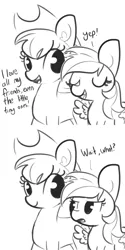 Size: 1650x3300 | Tagged: safe, artist:tjpones, derpibooru import, applejack, rainbow dash, earth pony, pegasus, pony, cowboy hat, dialogue, ear fluff, eyes closed, female, grayscale, hat, mare, monochrome, open mouth, simple background, smoldash, u wot m8, wait what, white background