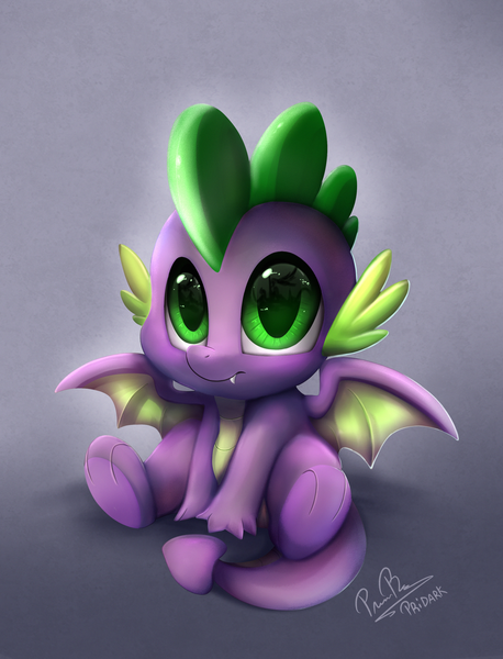 Size: 2550x3341 | Tagged: safe, artist:pridark, derpibooru import, spike, dragon, molt down, baby, baby dragon, big eyes, cute, daaaaaaaaaaaw, eye reflection, fangs, gradient background, green eyes, hnnng, male, reflection, scales, signature, sitting, smiling, solo, spikabetes, winged spike, wings