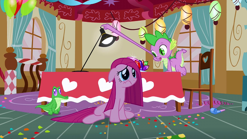 Size: 1280x720 | Tagged: balloon, chair, confetti, curtains, derpibooru import, great moments in animation, gummy, light, party of one, pinkamena diane pie, pinkie pie, pinkie's room, rug, sad, safe, screencap, spike, table, tablecloth