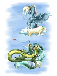 Size: 576x768 | Tagged: safe, artist:bluekite-falls, artist:sky-railroad, derpibooru import, oc, unnamed oc, unofficial characters only, dragon, original species, pegasus, pony, cloud, dragon oc, fishing, fishing rod, hooves, male, on a cloud, pearl, simple background, sitting on cloud, spread wings, stallion, stripes, wings