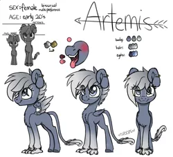 Size: 2200x2000 | Tagged: safe, artist:spoops, artist:spoopygander, derpibooru import, oc, oc:artemis, unofficial characters only, hippogriff, 3/4 view, bisexual, blushing, ear piercing, earring, fangs, female, front view, hind hooves, jewelry, paws, piercing, ponygriff, reference sheet, side view, signature, simple background, size comparison, tail, tongue out, white background, wings