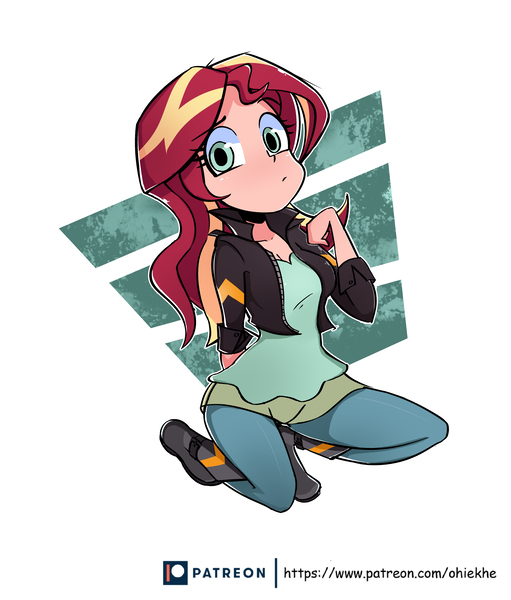 Size: 4264x5008 | Tagged: dead source, safe, artist:ohiekhe, derpibooru import, sunset shimmer, human, equestria girls, absurd resolution, clothes, female, humanized, jacket, kneeling, pants, shirt, simple background, solo
