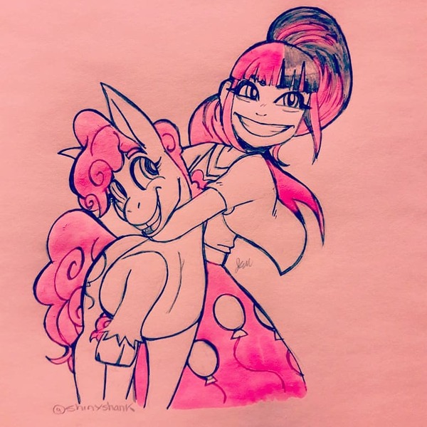 Size: 774x774 | Tagged: artist:shinxshank, crossover, deadpool 2, derpibooru import, hug, pinkie pie, safe, smiling, spoilers for another series, traditional art, x-men, yukio