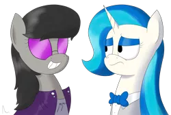 Size: 2980x2000 | Tagged: safe, artist:moonatik, derpibooru import, octavia melody, vinyl scratch, unicorn, accessory swap, alternate hairstyle, bowtie, clothes, eyeshadow, glasses, jacket, lidded eyes, makeup, meme, metallica, simple background, transparent background, waistcoat