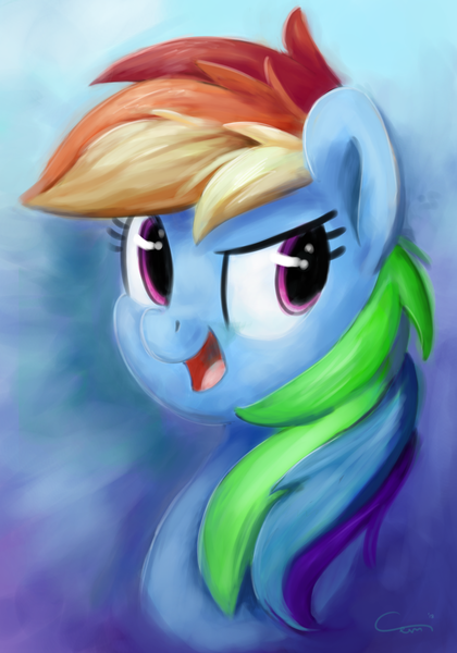 Size: 2341x3347 | Tagged: safe, artist:aemantaslim, derpibooru import, rainbow dash, pony, abstract background, bust, female, looking away, mare, portrait, smiling, solo