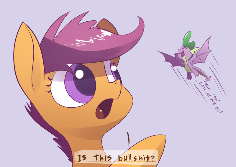 Size: 3508x2480 | Tagged: safe, artist:underpable, derpibooru import, scootaloo, spike, dragon, pegasus, pony, molt down, disbelief, duo, envy, everyone but scootaloo can fly, female, filly, flying, fuck you, gray background, is this a pigeon, male, meme, purple background, scootaloo can't fly, simple background, upset, vulgar, winged spike