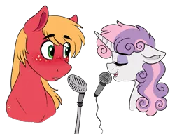 Size: 805x616 | Tagged: artist:saphi-boo, big macintosh, blushing, bust, derpibooru import, eyes closed, female, male, microphone, older, older sweetie belle, safe, shipping, simple background, straight, sweetie belle, sweetiemac, transparent background