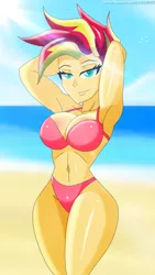 Size: 2346x4160 | Tagged: suggestive, artist:swagalicious-tony, derpibooru import, sunset shimmer, equestria girls, alternate hairstyle, arm behind head, armpits, beach, big breasts, bikini, breasts, busty sunset shimmer, clothes, curvy, fauxhawk, female, hourglass figure, looking at you, smiling, solo, solo female, swimsuit