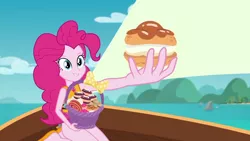 Size: 1280x720 | Tagged: safe, derpibooru import, screencap, pinkie pie, equestria girls, equestria girls series, the salty sails, clothes, cupcake, food, ocean, pinkie's basket treasure, sailing, ship, solo, swimsuit