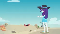 Size: 1280x720 | Tagged: safe, derpibooru import, screencap, rarity, crab, giant crab, aww... baby turtles, equestria girls, equestria girls series, clothes, crab fighting a giant rarity, feet, flip-flops, hat, legs, rarity fighting a giant crab, rarity fighting a regular sized crab, role reversal, ruins, sand castle, sandals, swimsuit